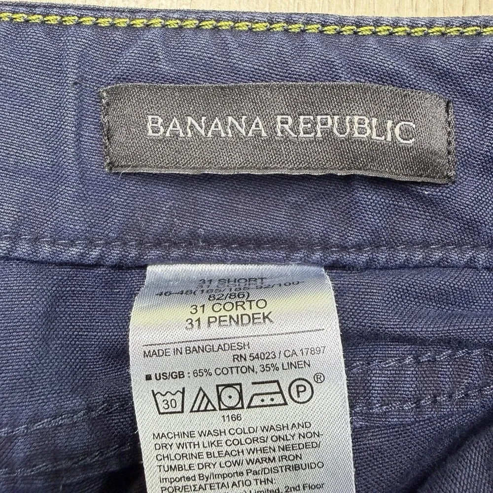 Banana Republic Mens Cotton Linen Cargo Pants Navy Blue Size 31 Short Drawstring